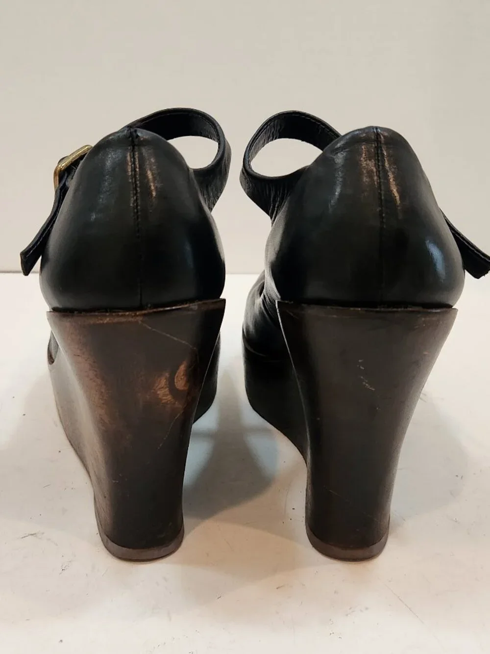 ALDO Retro Wood Platform Wedge Mary Janes Black Leather 6.5